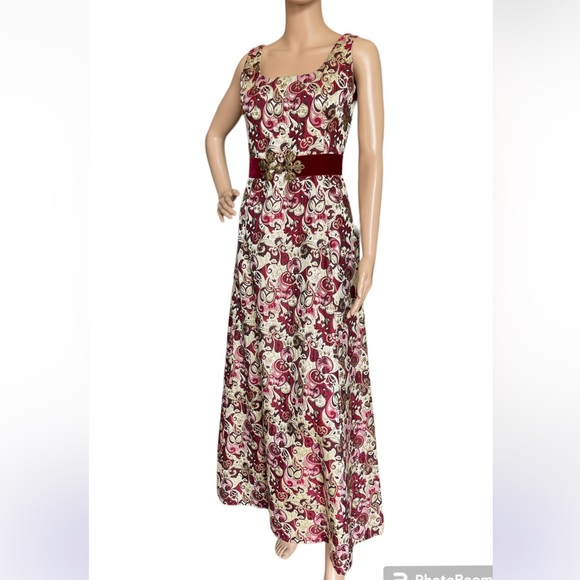 Vintage Gino Charles Brocade Metallic Maxi Dress with Velvet Belt XS Small - Picture 12 of 16